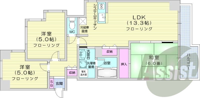3LDK、システムキッチン、トランクルーム、洗髪洗面化粧台