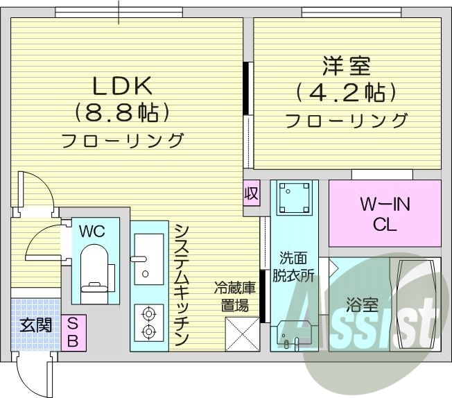 1LDK、エアコン、システムキッチン、ネット無料
