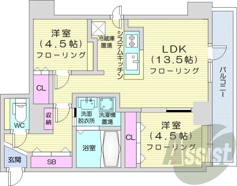 2LDK、都市ガス、追い焚き、エアコン、システムキッチン