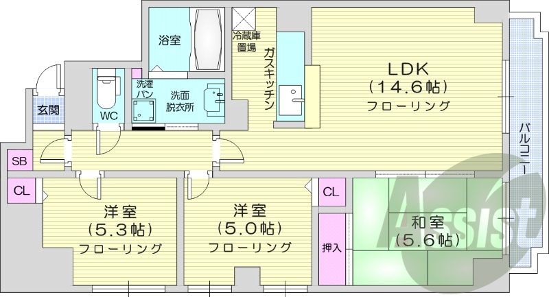 3LDK、都市ガス、ネット使用料不要、洗髪洗面化粧台