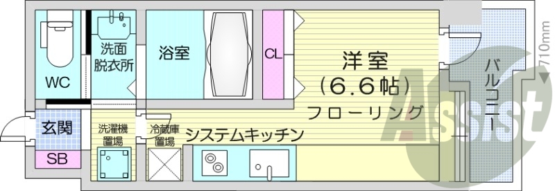1K、システムキッチン、エアコン、バルコニー、独立洗面