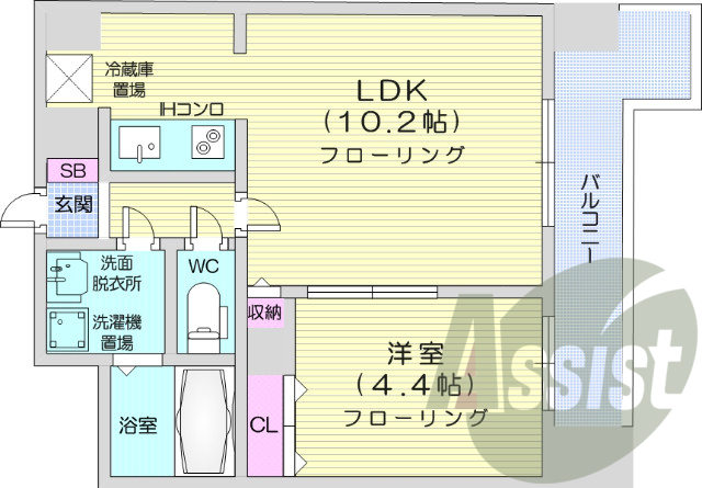 1LDK、システムキッチン、ウォシュレット、シューズボックス
