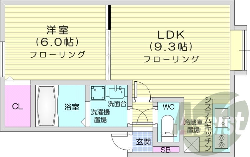 1LDK、独立洗面台、エアコン、システムキッチン