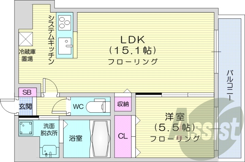 1LDK、システムキッチン、エアコン、追い焚き