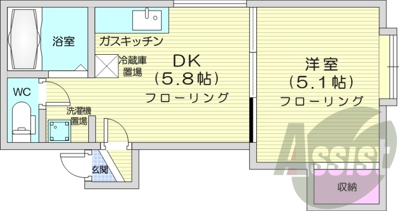1DK、灯油暖房、バストイレ別、トランクルーム