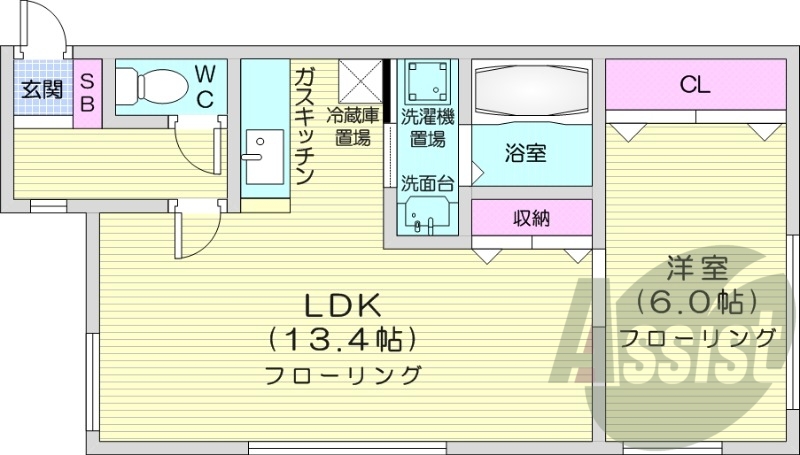 1LDK、オートロック、エアコン、南向き