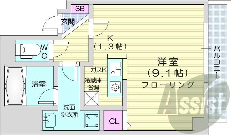 1K、都市ガス、ガス暖房、オートロック、防犯カメラ
