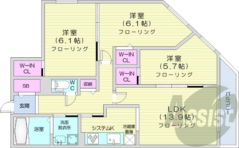 3LDK、エアコン、独立洗面台、追い焚き、システムキッチン
