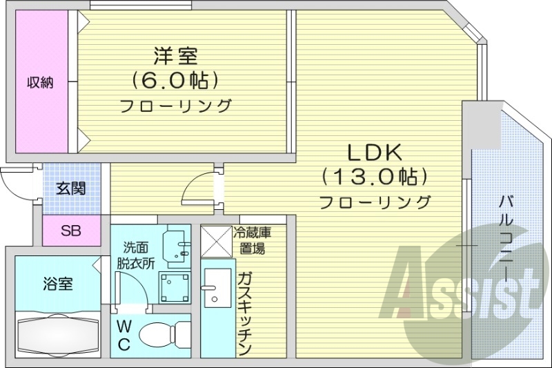 1LDK、角部屋、バストイレ別、ネット無料、最上階