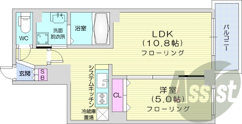 1LDK、システムキッチン、ロードヒーティング、エアコン
