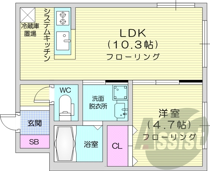 1LDK、角部屋、都市ガス、バストイレ別、TV付インターホン