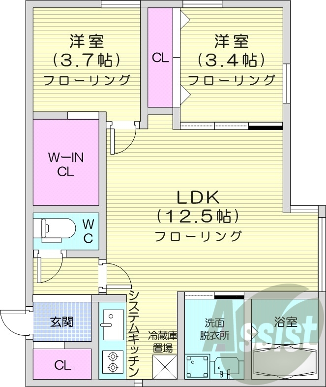 2LDK、エアコン、システムキッチン、ネット無料