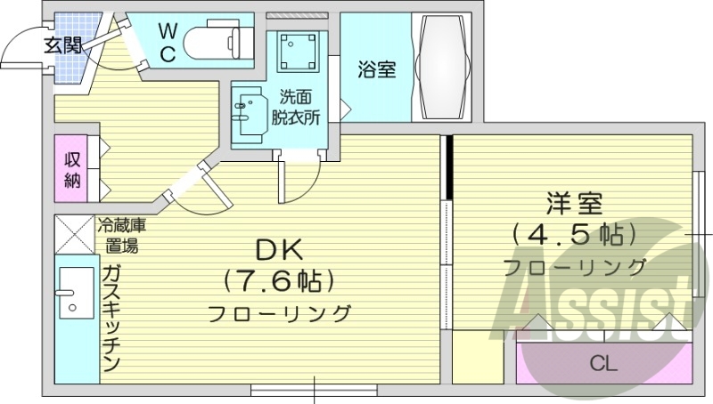 1LDK、エアコン、独立洗面台、ガスキッチン
