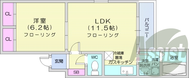 1LDK、角部屋、都市ガス、灯油暖房、バルコニー