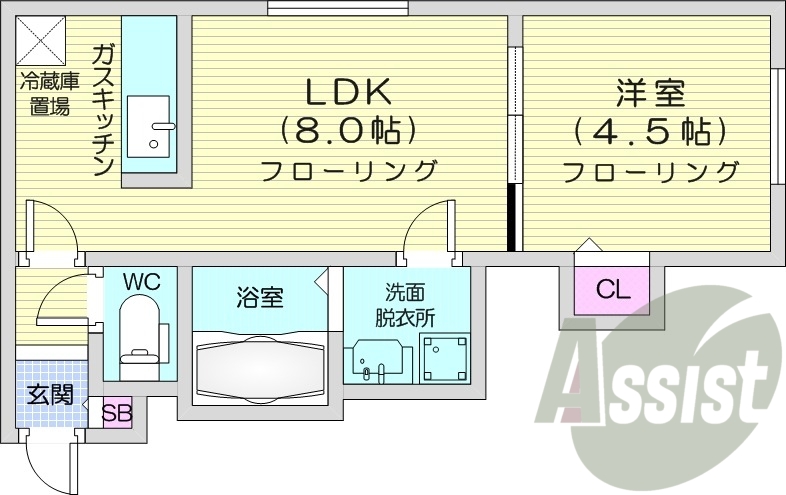 1LDK、灯油暖房、バストイレ別、独立洗面台