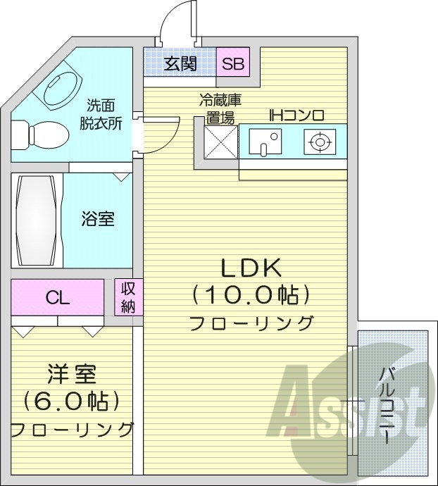 1LDK、オートロック、ガスFF暖房、バストイレ別