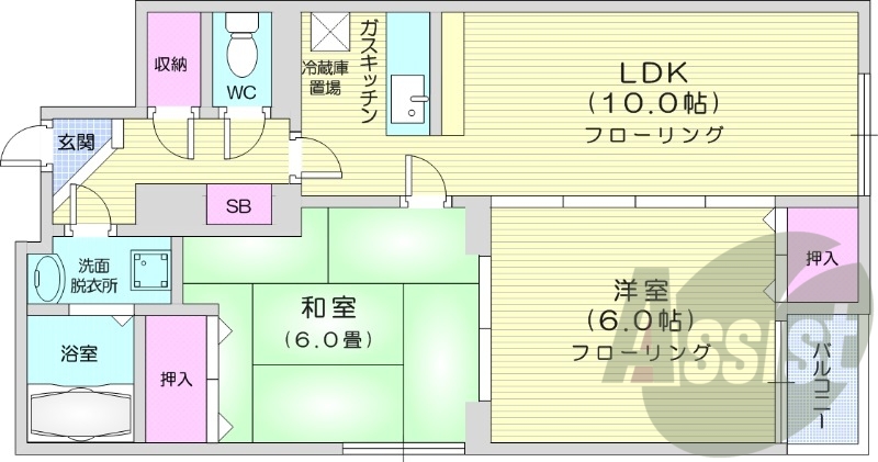 2LDK、灯油暖房、シューズボックス、ネット無料