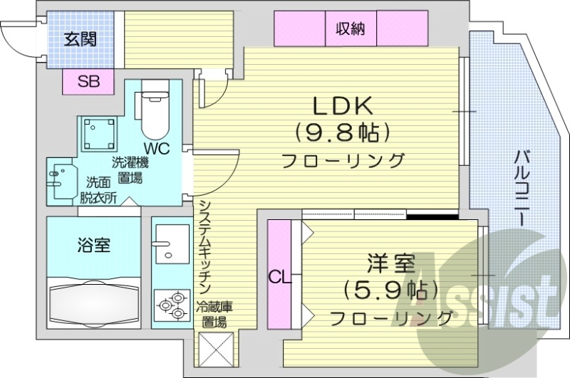 1LDK、バルコニー、クローゼット、追い焚き、浴室乾燥機