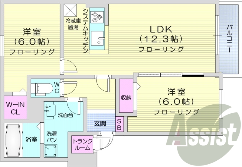 2LDK、バス・トイレ別、オートロック、独立洗面台