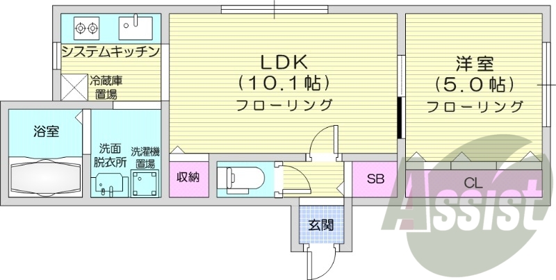 1LDK、角部屋、システムキッチン、エアコン、ネット無料