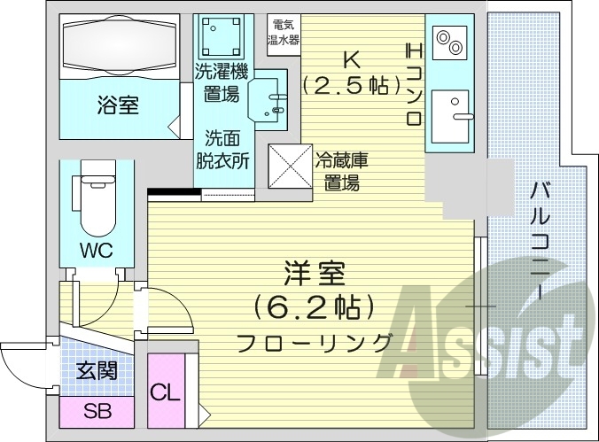 1K、オール電化、バルコニー、シャワートイレ