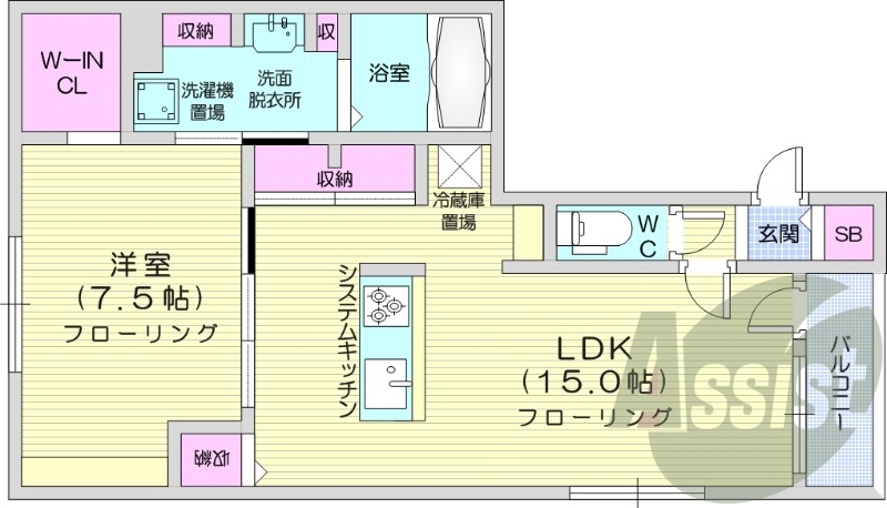 1LDK、システムキッチン、ウォークインクローゼット、猫可