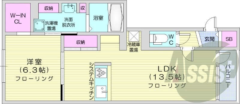 1LDK、システムキッチン、ウォークインクローゼット、猫可