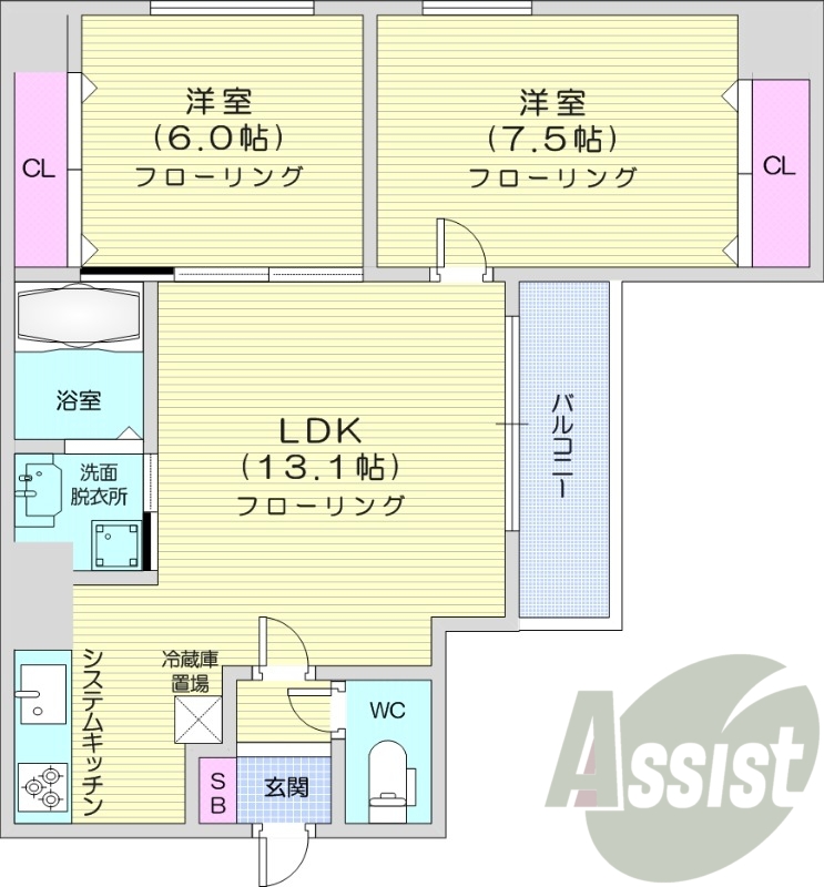 2LDK、システムキッチン、独立洗面台、ウォシュレット