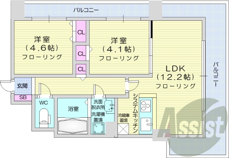 2LDK、バルコニー、システムキッチン、都市ガス
