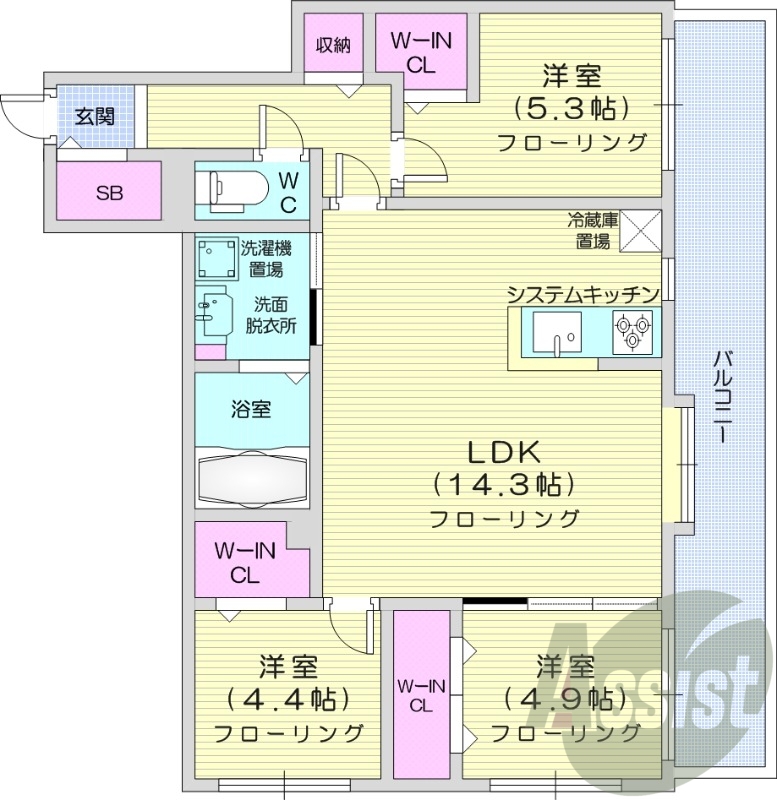3LDK、エアコン、追い焚き、浴室乾燥機、システムキッチン