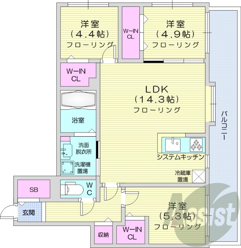 3LDK、エアコン、追い焚き、浴室乾燥機、システムキッチン