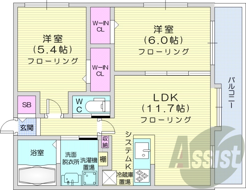 2LDK、エアコン、追い焚き、浴室乾燥機、システムキッチン