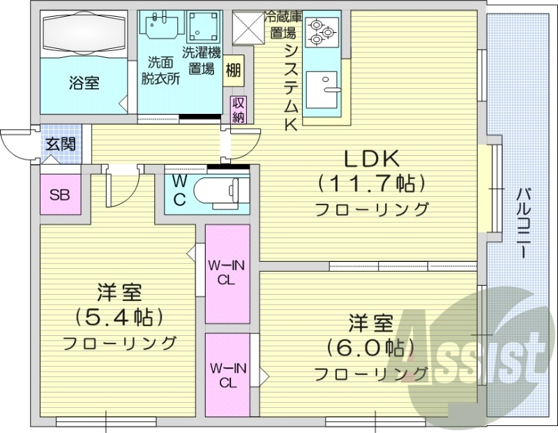 2LDK、エアコン、追い焚き、浴室乾燥機、システムキッチン