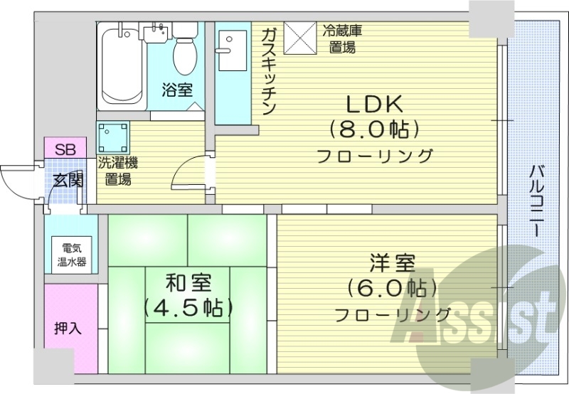 2LDK、都市ガス、ガス暖房、エレベーター