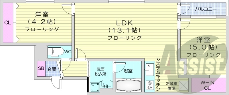 2LDK、都市ガス、エアコン、システムキッチン