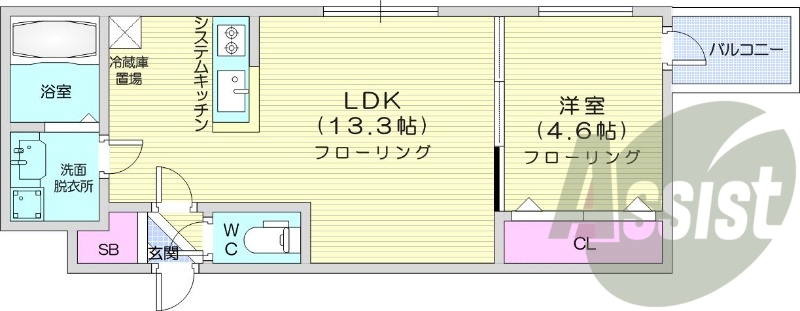 1LDK、角部屋、エアコン、ネット無料、バストイレ別