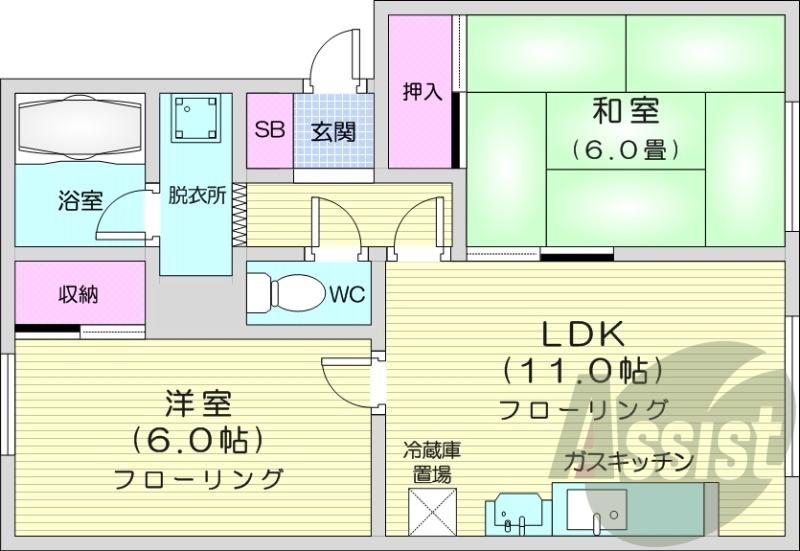2LDK、灯油暖房、バストイレ別、独立洗面台