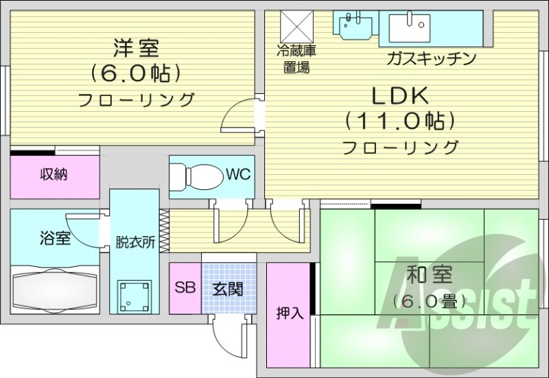 2LDK、灯油暖房、バストイレ別、独立洗面台