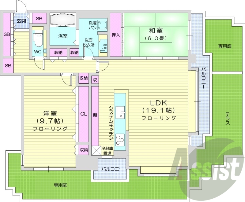 2LDK、システムキッチン、エアコン、床暖房、専用庭