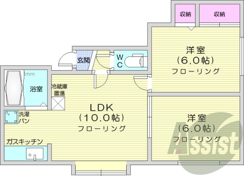 2LDK、バストイレ別、室内洗濯機置場、無料駐車場