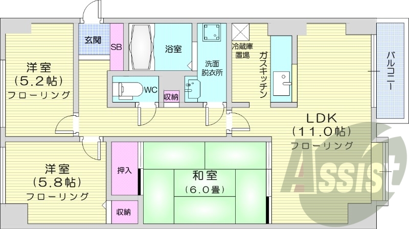3LDK、都市ガス、独立洗面台、エレベーター