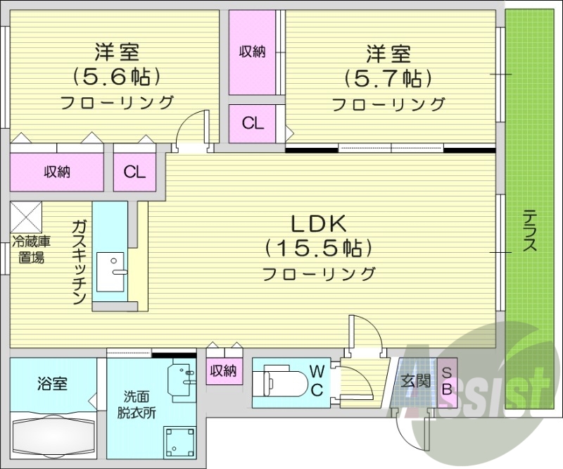 2LDK、エアコン、灯油暖房、トランクルーム