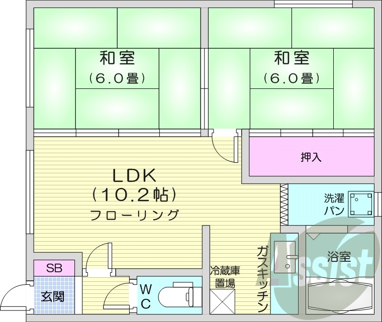 2LDK、エアコン、灯油暖房、角部屋、カメラ付きインターホン