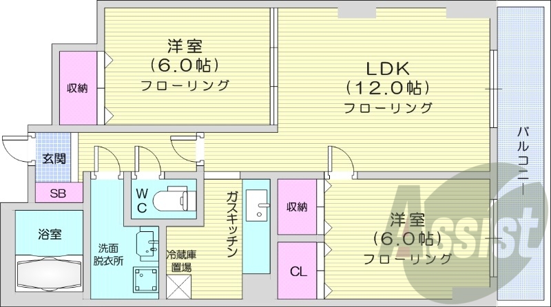 2LDK、オートロック、エアコン、シャワートイレ、バルコニー