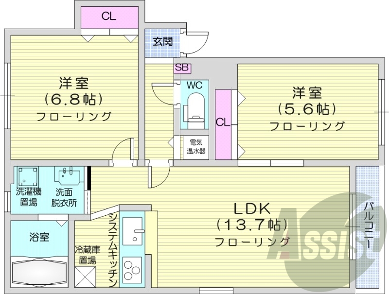 2LDK、オール電化、エアコン、独立洗面台、システムキッチン