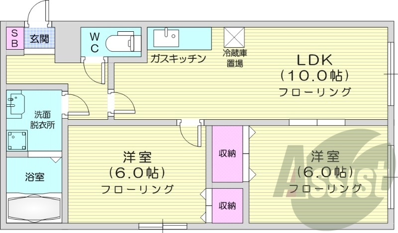 2LDK、独立洗面台、シャワートイレ、バス・トイレ別