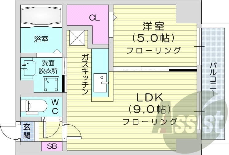 1LDK、洗面台独立、バルコニー、バストイレ別