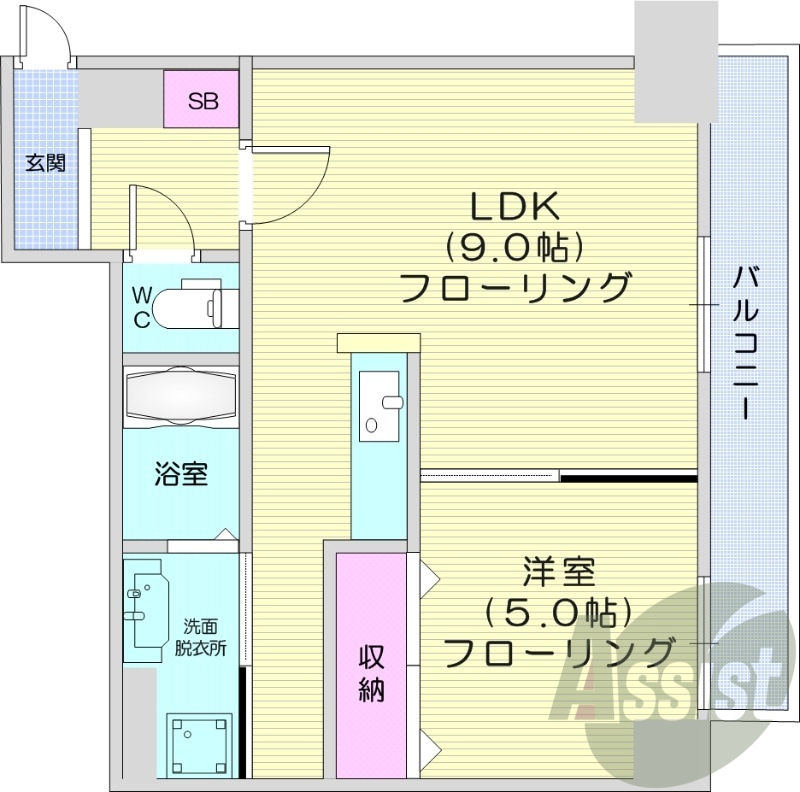 1LDK、洗面台独立、バルコニー、バストイレ別