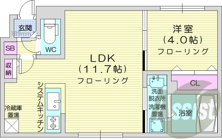 1LDK、システムキッチン、エアコン、都市ガス