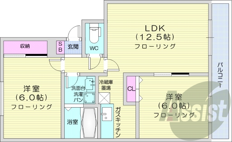 2LDK、灯油暖房、室内洗濯機置場、バストイレ別